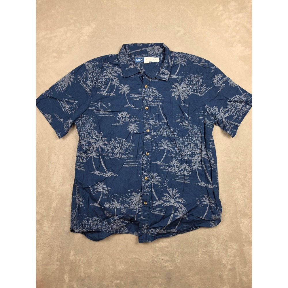 Old Navy Button Up Shirt Mens Large Blue Tropical Palm Tree Everyday Shirt
